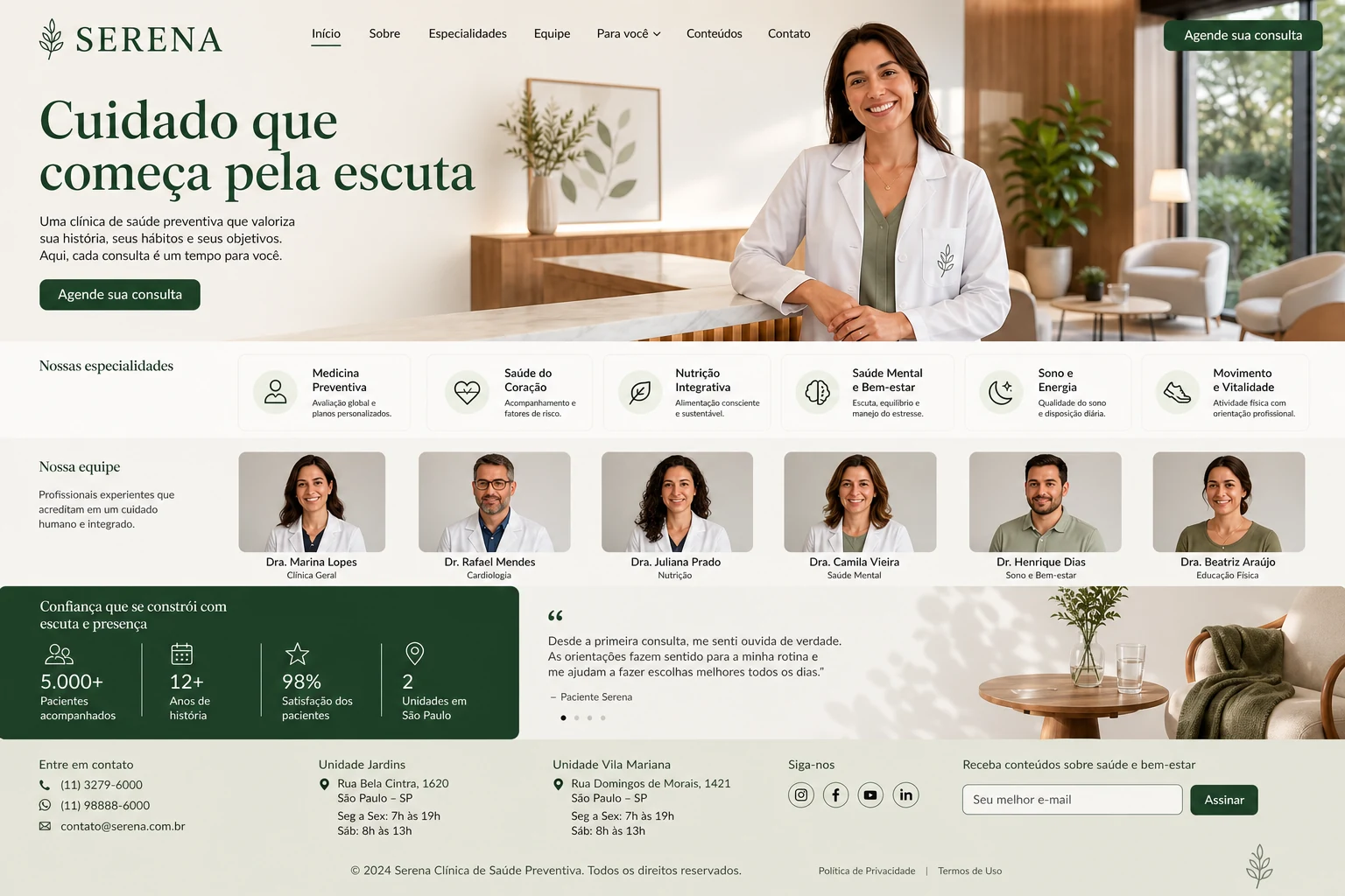 Página completa do negócio fictício Serena na versão desktop